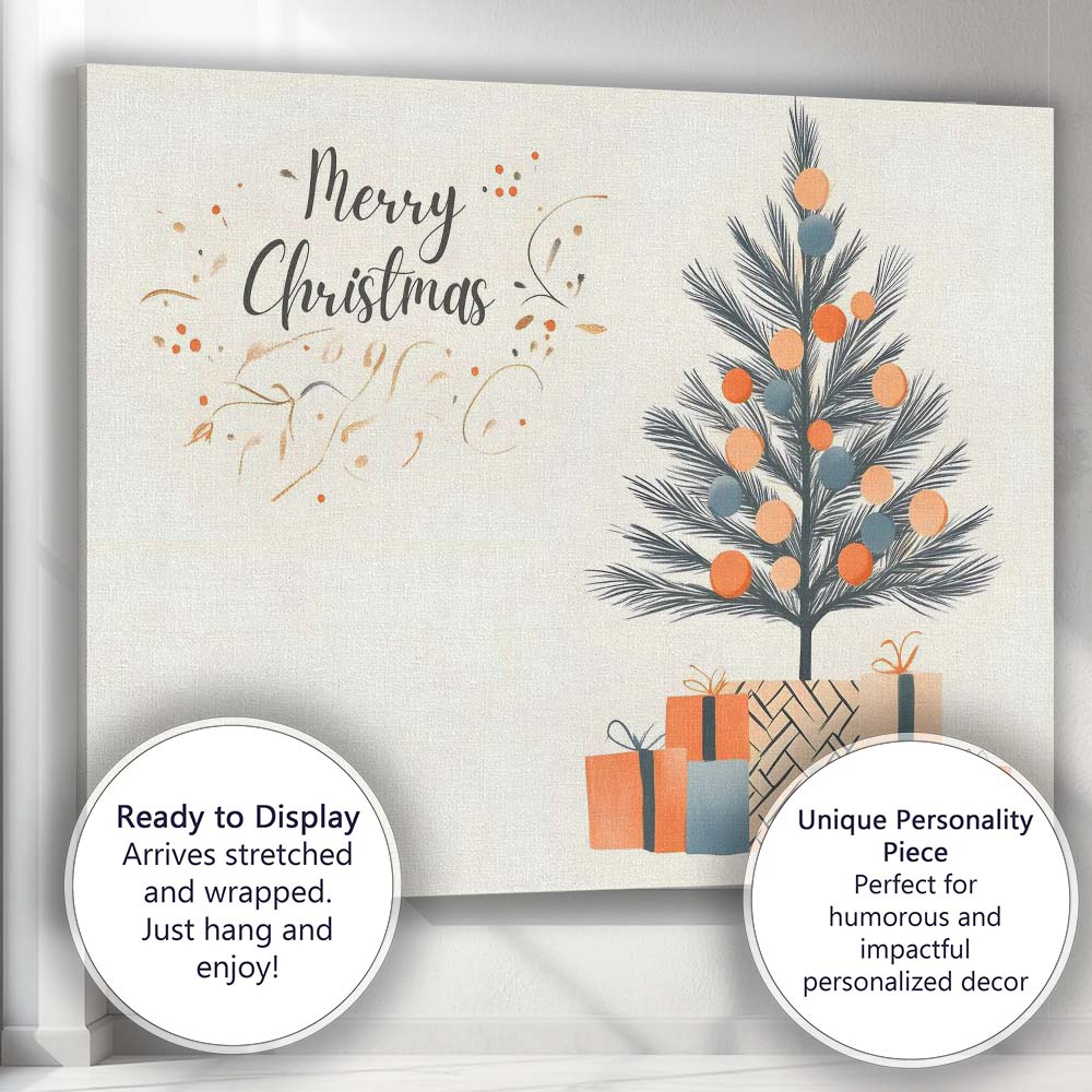 Minimalist Merry Christmas Tree With Wrapped Gifts Illustration Canvas Wall Art Print Decor Picture Ready to Hang