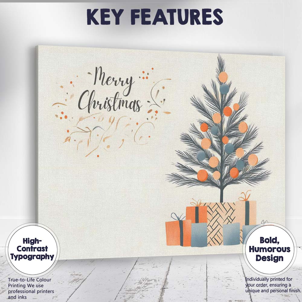 Minimalist Merry Christmas Tree With Wrapped Gifts Illustration Canvas Wall Art Print Decor Picture Ready to Hang