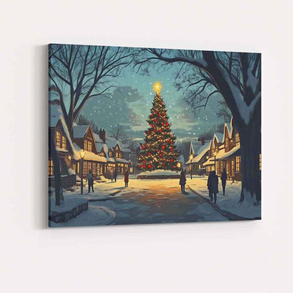 Snow Covered Christmas Tree Village Square Winter Night Canvas Wall Art Print Decor Picture Ready to Hang
