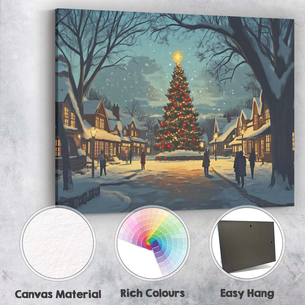 Snow Covered Christmas Tree Village Square Winter Night Canvas Wall Art Print Decor Picture Ready to Hang