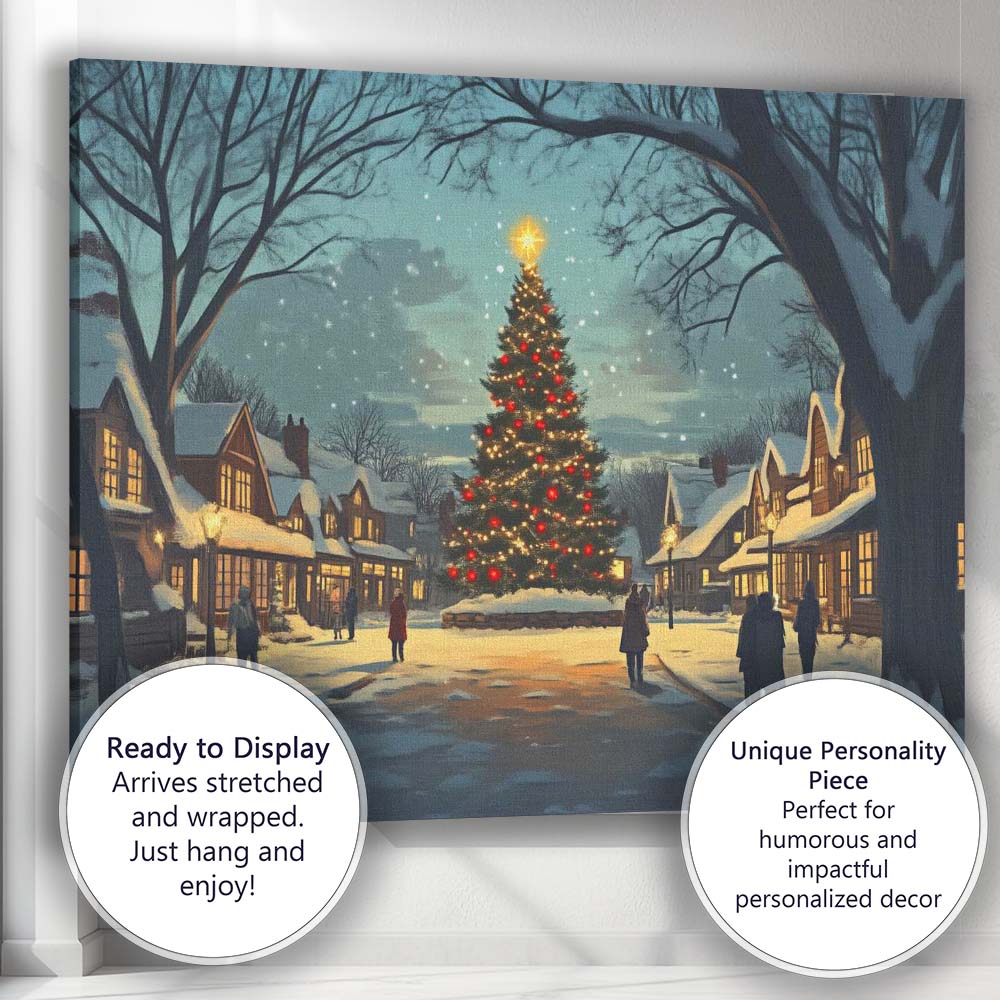 Snow Covered Christmas Tree Village Square Winter Night Canvas Wall Art Print Decor Picture Ready to Hang