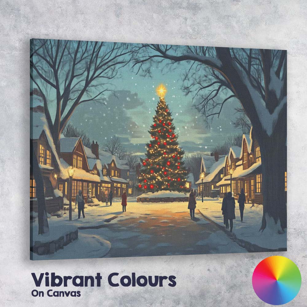 Snow Covered Christmas Tree Village Square Winter Night Canvas Wall Art Print Decor Picture Ready to Hang