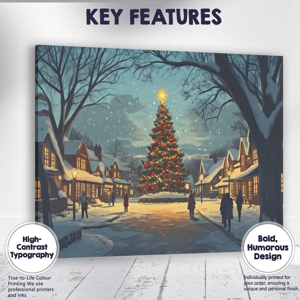 Snow Covered Christmas Tree Village Square Winter Night Canvas Wall Art Print Decor Picture Ready to Hang
