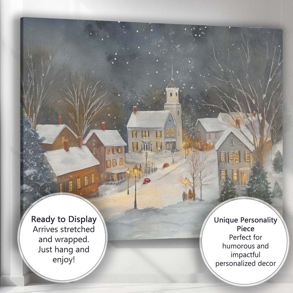 Cosy Snowy Christmas Village Night Watercolour Landscape Canvas Wall Art Print Decor Picture Ready to Hang