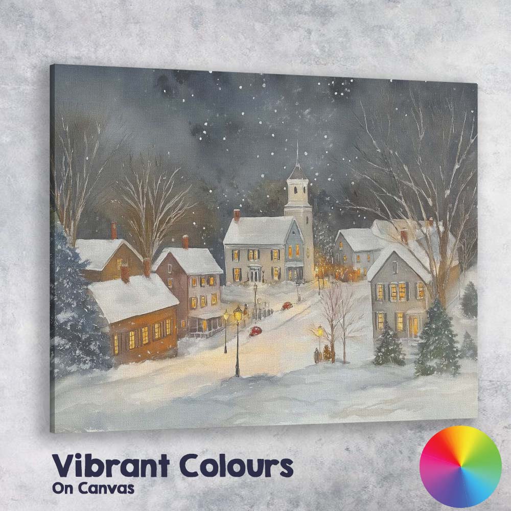 Cosy Snowy Christmas Village Night Watercolour Landscape Canvas Wall Art Print Decor Picture Ready to Hang
