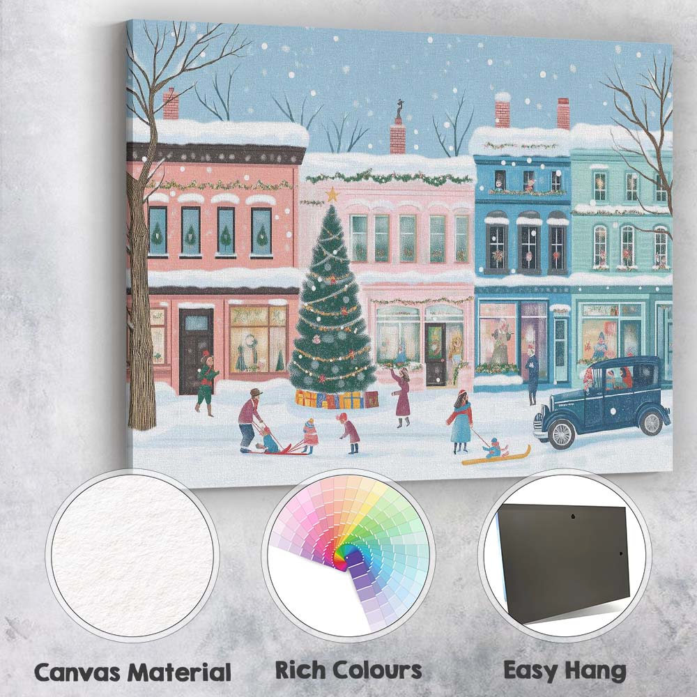 Pastel Christmas Town Square Festive Tree Winter Village Canvas Wall Art Print Decor Picture Ready to Hang