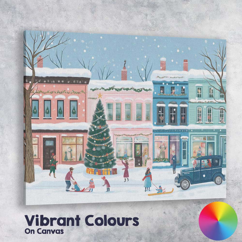 Pastel Christmas Town Square Festive Tree Winter Village Canvas Wall Art Print Decor Picture Ready to Hang