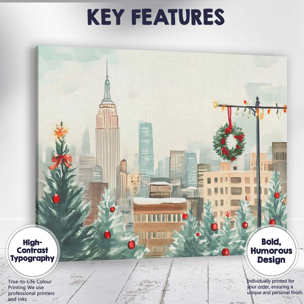 Watercolour New York City Christmas Skyline Winter Wreath Canvas Wall Art Print Decor Picture Ready to Hang