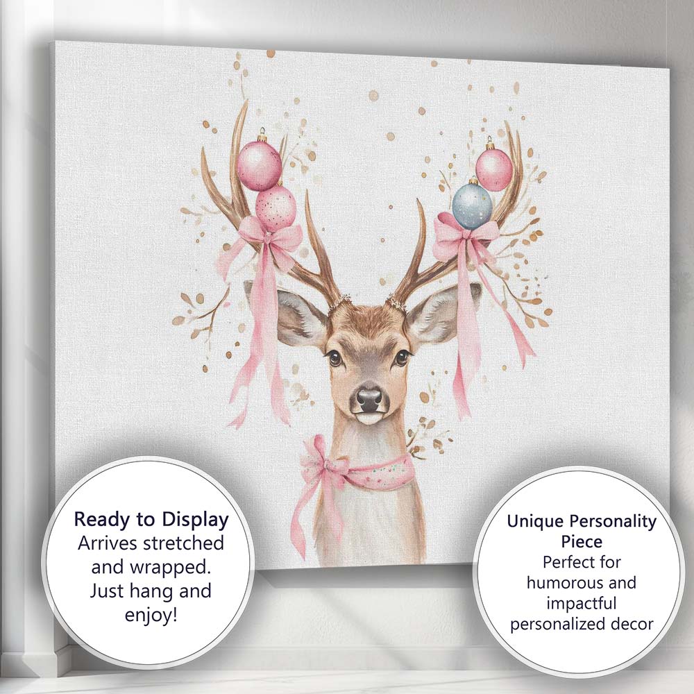 Cute Watercolour Christmas Reindeer Pink Baubles Woodland Animal Canvas Wall Art Print Decor Picture Ready to Hang