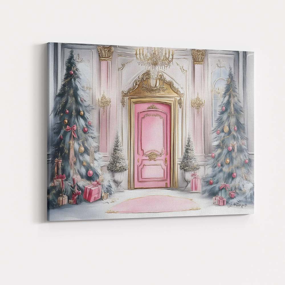 Luxury Pink Christmas Entrance Elegant Festive Door Watercolour Canvas Wall Art Print Decor Picture Ready to Hang