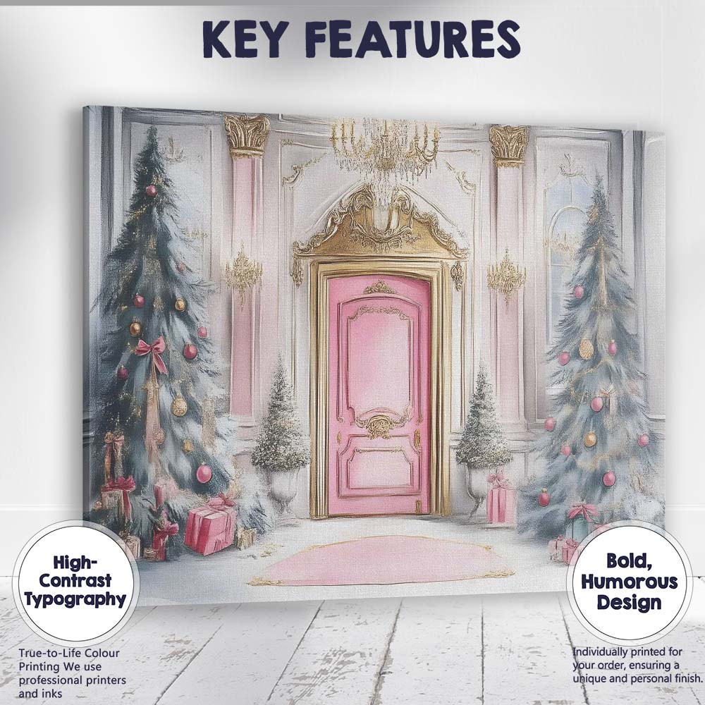 Luxury Pink Christmas Entrance Elegant Festive Door Watercolour Canvas Wall Art Print Decor Picture Ready to Hang