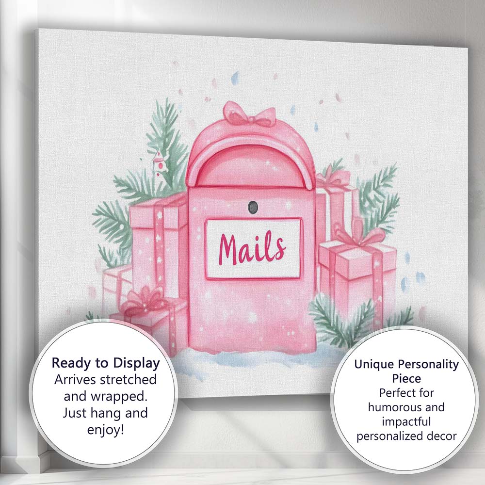 Pink Christmas Mailbox Watercolour Gift Boxes Festive Illustration Canvas Wall Art Print Decor Picture Ready to Hang