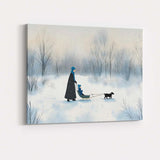 Minimalist Winter Family Sled Dog Snowy Woodland Watercolour Canvas Wall Art Print Decor Picture Ready to Hang