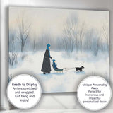 Minimalist Winter Family Sled Dog Snowy Woodland Watercolour Canvas Wall Art Print Decor Picture Ready to Hang