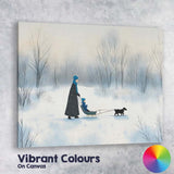 Minimalist Winter Family Sled Dog Snowy Woodland Watercolour Canvas Wall Art Print Decor Picture Ready to Hang