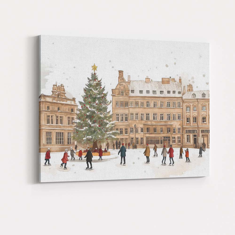 European Christmas Market Ice Skating Town Square Winter Scene Canvas Wall Art Print Decor Picture Ready to Hang