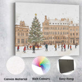 European Christmas Market Ice Skating Town Square Winter Scene Canvas Wall Art Print Decor Picture Ready to Hang