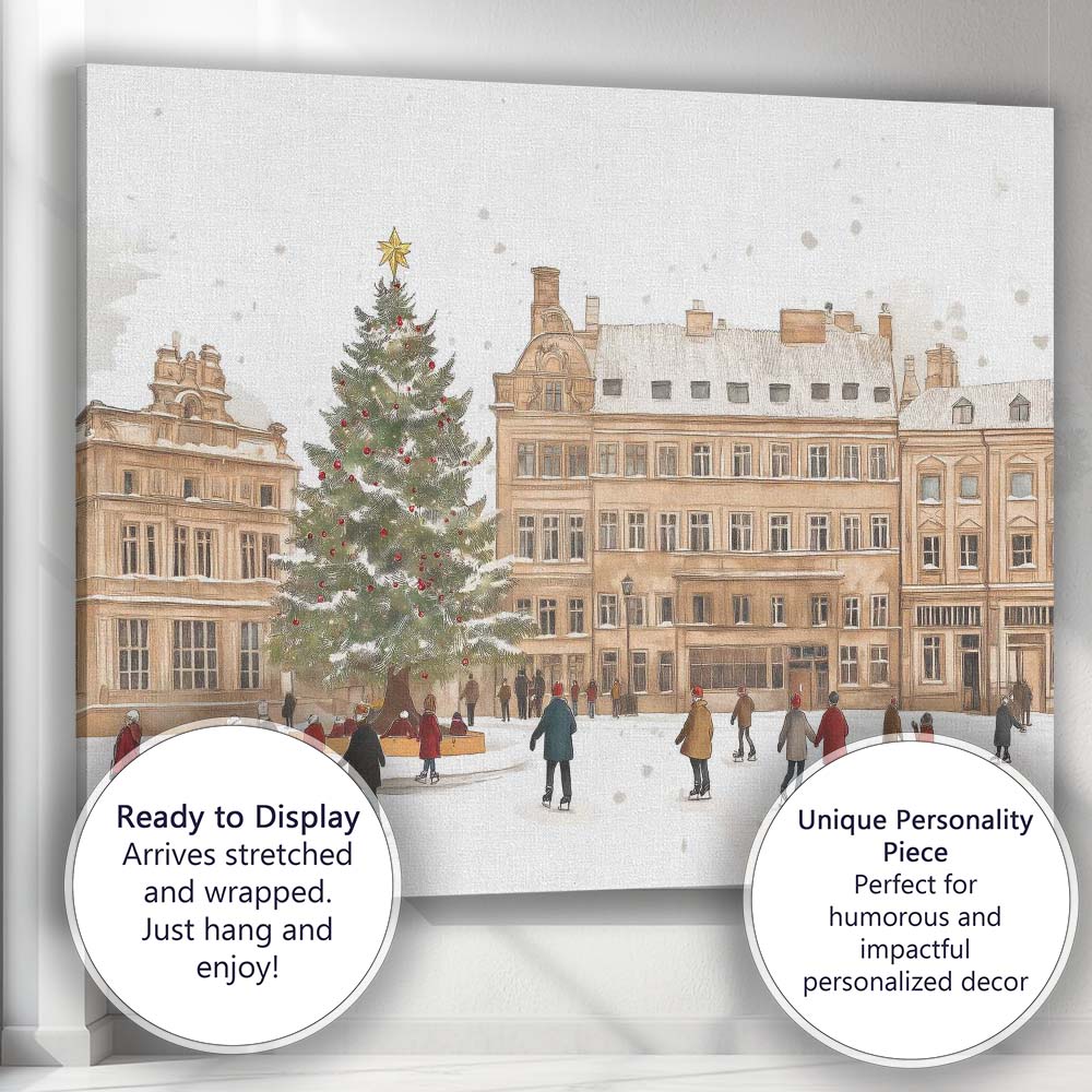 European Christmas Market Ice Skating Town Square Winter Scene Canvas Wall Art Print Decor Picture Ready to Hang