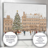 European Christmas Market Ice Skating Town Square Winter Scene Canvas Wall Art Print Decor Picture Ready to Hang