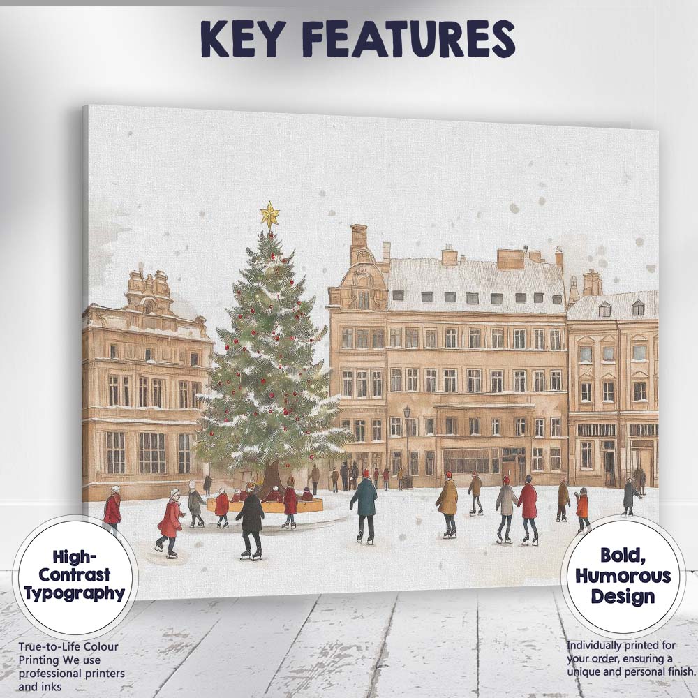European Christmas Market Ice Skating Town Square Winter Scene Canvas Wall Art Print Decor Picture Ready to Hang