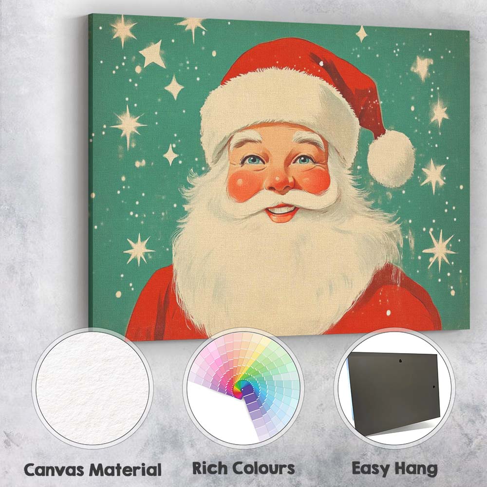 Retro Smiling Santa Claus Portrait Festive Holiday Illustration Canvas Wall Art Print Decor Picture Ready to Hang