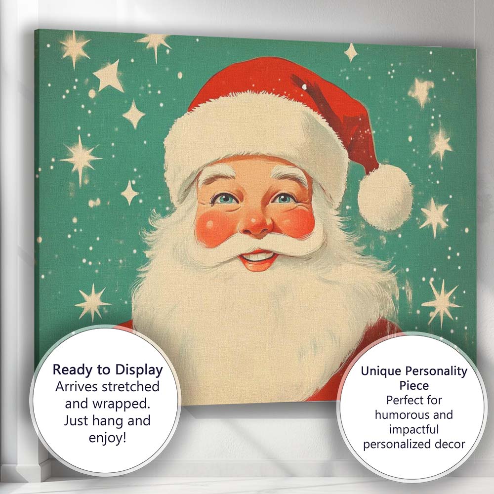 Retro Smiling Santa Claus Portrait Festive Holiday Illustration Canvas Wall Art Print Decor Picture Ready to Hang
