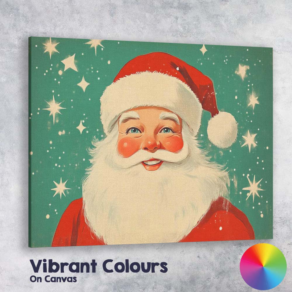 Retro Smiling Santa Claus Portrait Festive Holiday Illustration Canvas Wall Art Print Decor Picture Ready to Hang