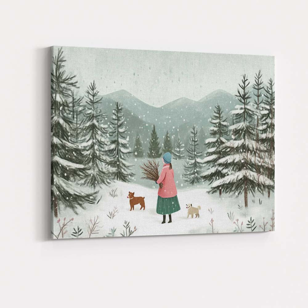 Scandinavian Winter Forest Woman With Dogs Snowy Landscape Canvas Wall Art Print Decor Picture Ready to Hang