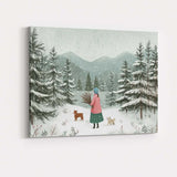 Scandinavian Winter Forest Woman With Dogs Snowy Landscape Canvas Wall Art Print Decor Picture Ready to Hang