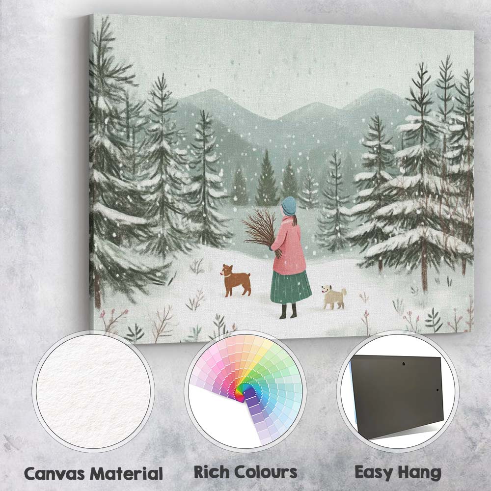 Scandinavian Winter Forest Woman With Dogs Snowy Landscape Canvas Wall Art Print Decor Picture Ready to Hang