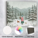 Scandinavian Winter Forest Woman With Dogs Snowy Landscape Canvas Wall Art Print Decor Picture Ready to Hang