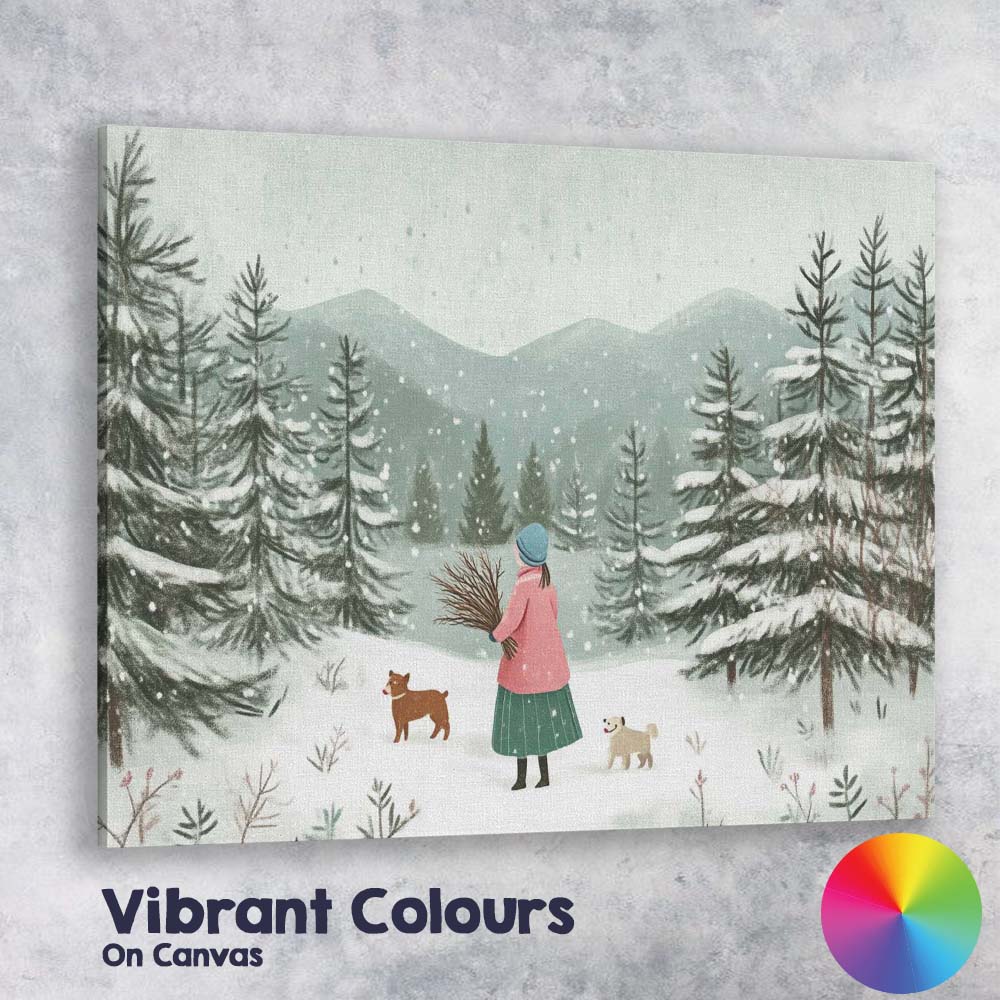 Scandinavian Winter Forest Woman With Dogs Snowy Landscape Canvas Wall Art Print Decor Picture Ready to Hang