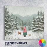 Scandinavian Winter Forest Woman With Dogs Snowy Landscape Canvas Wall Art Print Decor Picture Ready to Hang
