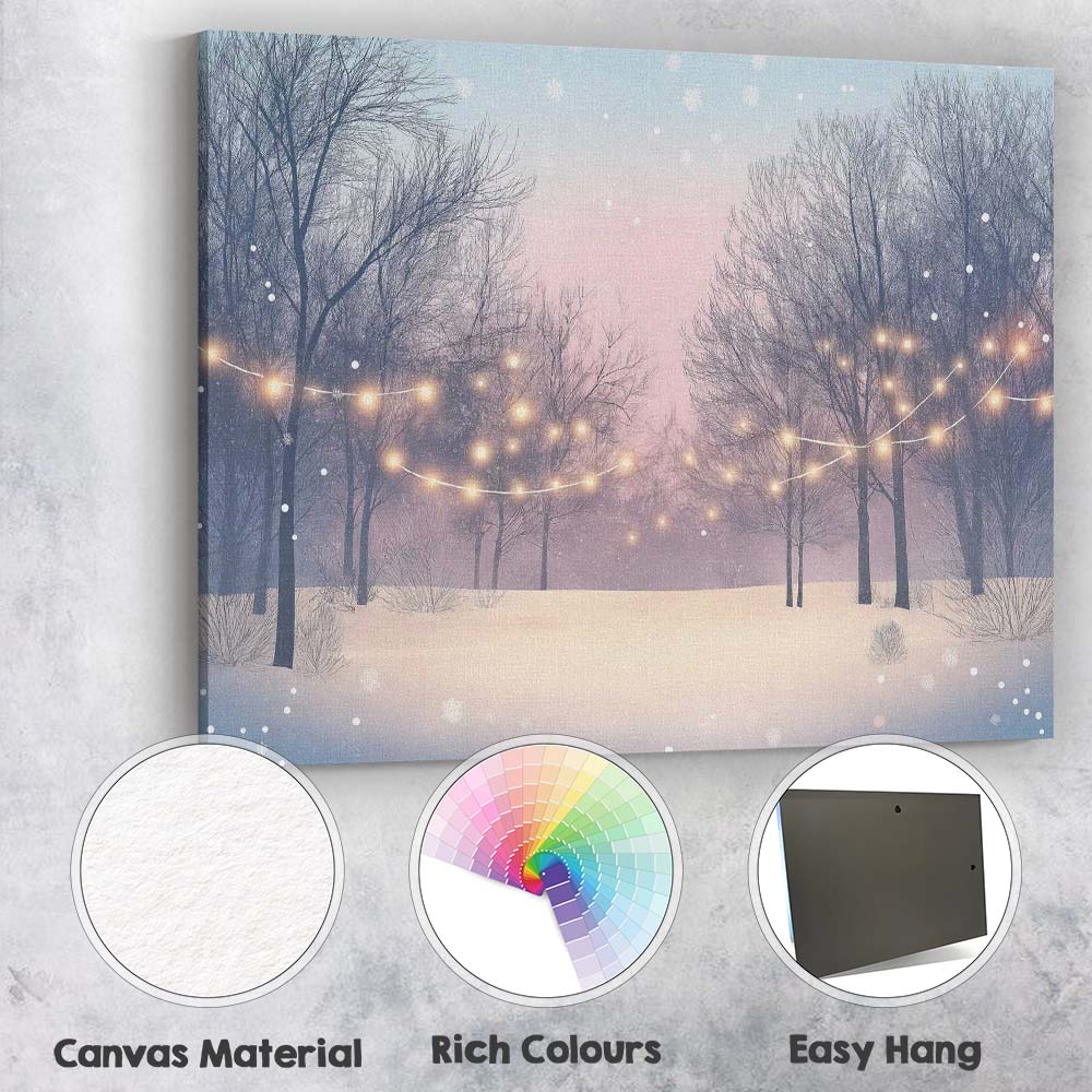 Soft Pastel Winter Woodland Fairy Lights Snowfall Canvas Wall Art Print Decor Picture Ready to Hang
