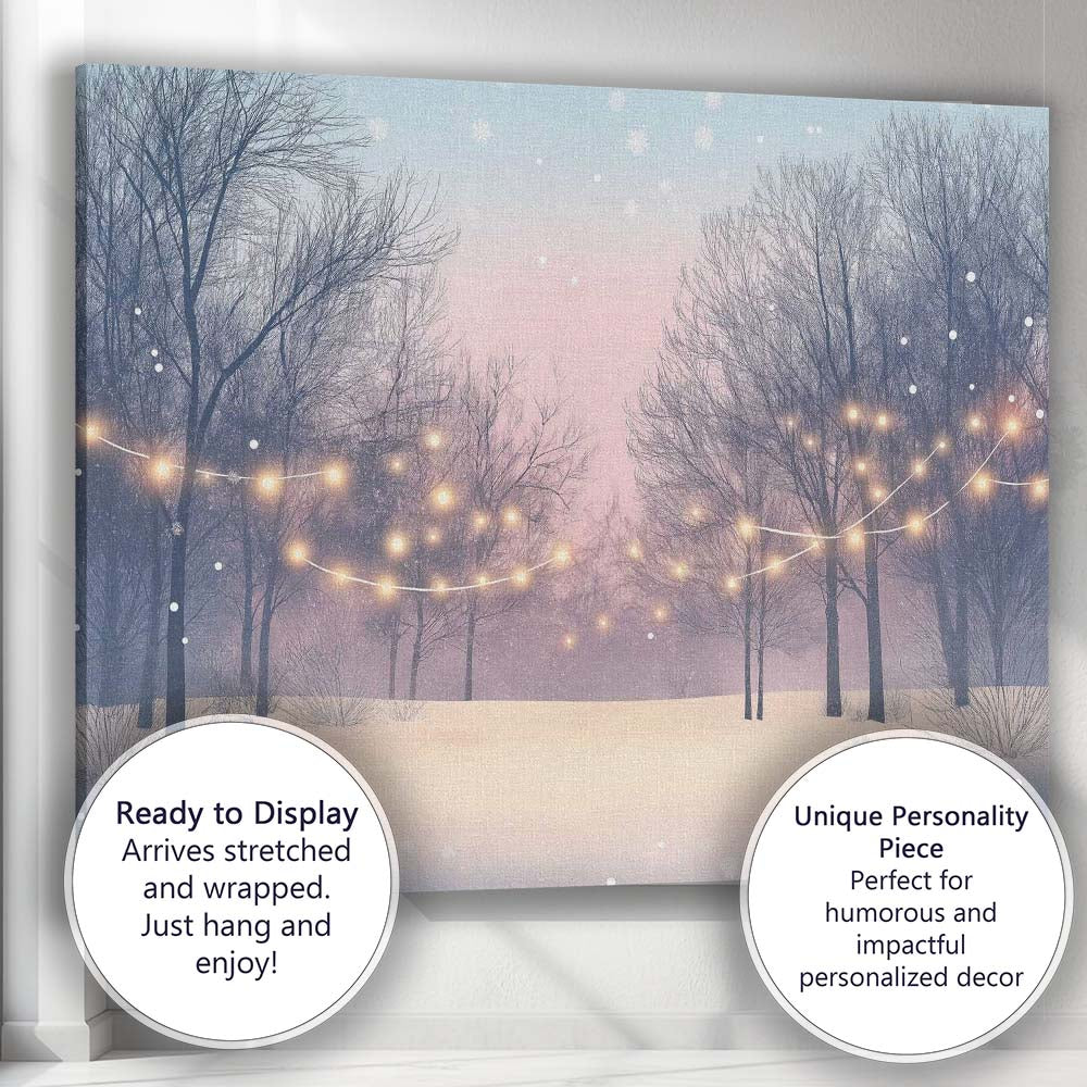 Soft Pastel Winter Woodland Fairy Lights Snowfall Canvas Wall Art Print Decor Picture Ready to Hang