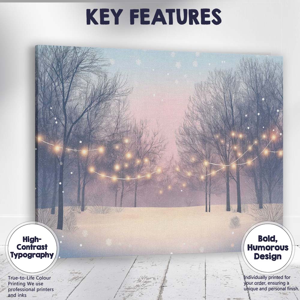 Soft Pastel Winter Woodland Fairy Lights Snowfall Canvas Wall Art Print Decor Picture Ready to Hang
