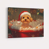 Cute Christmas Puppy Bubble Bath Santa Hat Festive Canvas Wall Art Print Decor Picture Ready to Hang