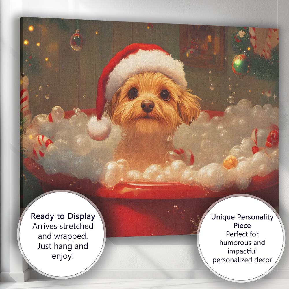 Cute Christmas Puppy Bubble Bath Santa Hat Festive Canvas Wall Art Print Decor Picture Ready to Hang