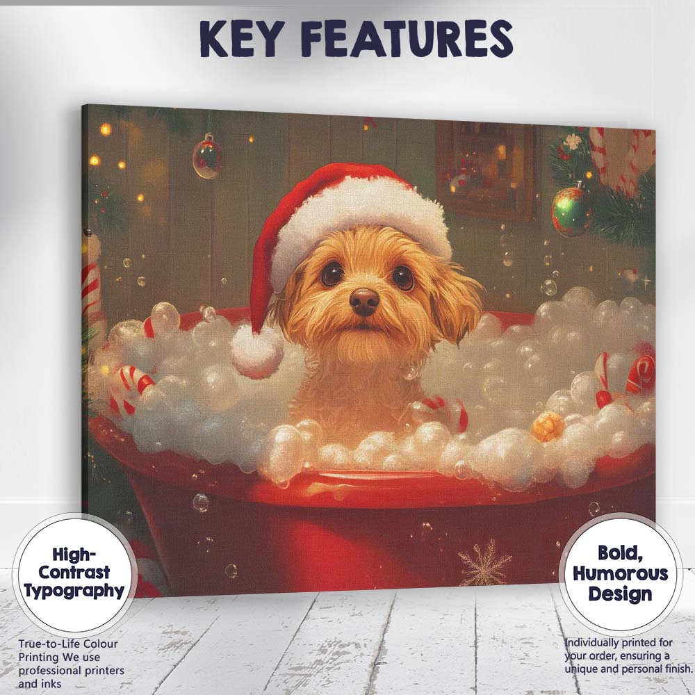 Cute Christmas Puppy Bubble Bath Santa Hat Festive Canvas Wall Art Print Decor Picture Ready to Hang