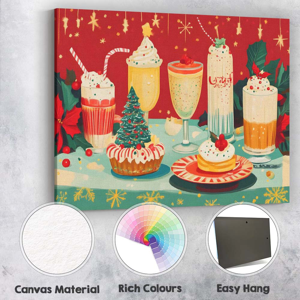 Festive Christmas Drinks Dessert Table Holiday Cocktail Illustration Canvas Wall Art Print Decor Picture Ready to Hang