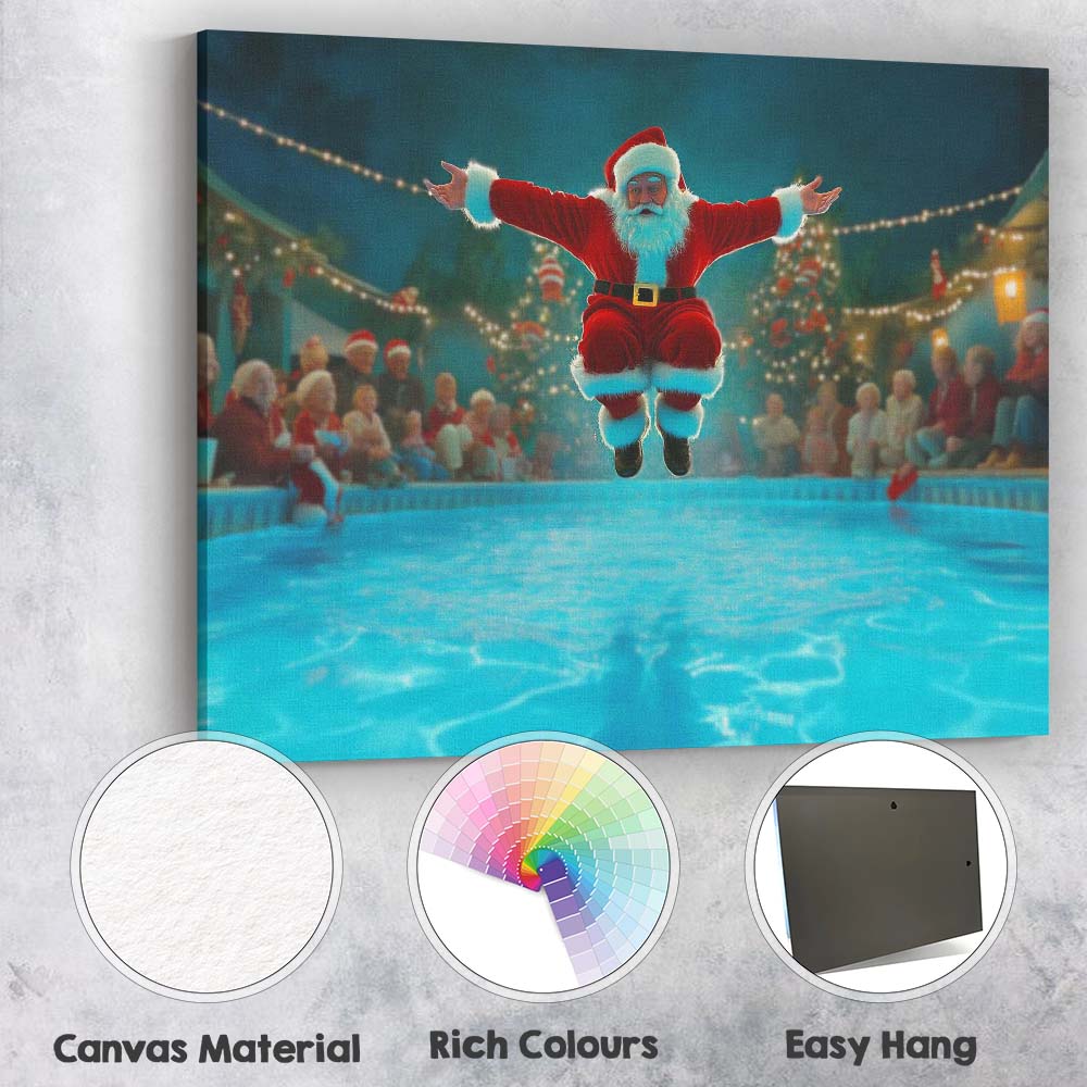 Funny Santa Pool Jump Christmas Party Humorous Illustration Canvas Wall Art Print Decor Picture Ready to Hang