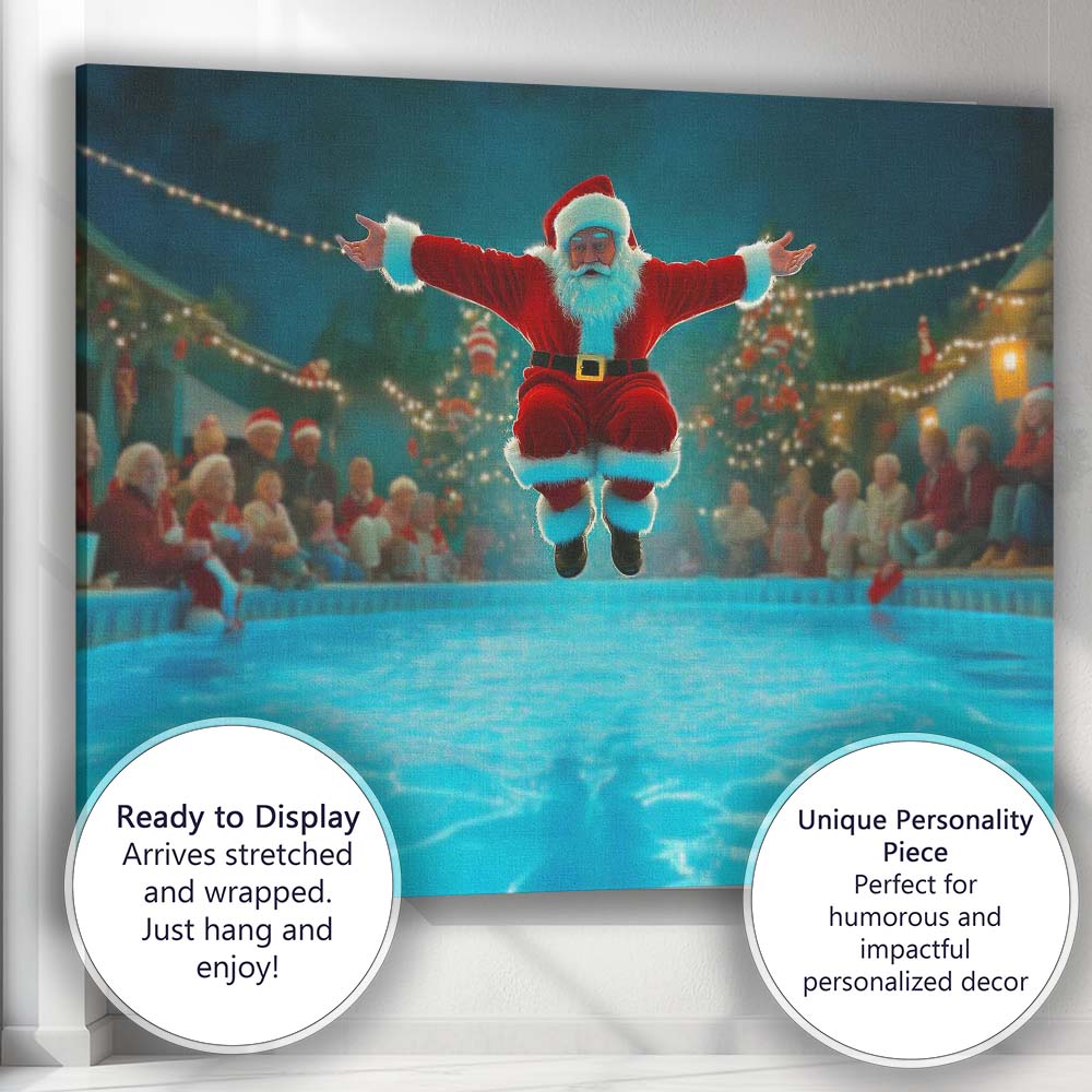 Funny Santa Pool Jump Christmas Party Humorous Illustration Canvas Wall Art Print Decor Picture Ready to Hang
