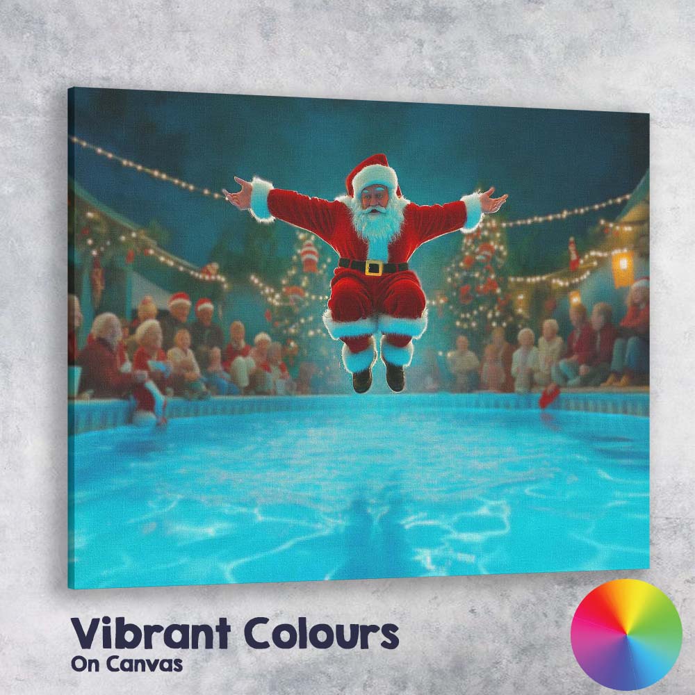 Funny Santa Pool Jump Christmas Party Humorous Illustration Canvas Wall Art Print Decor Picture Ready to Hang