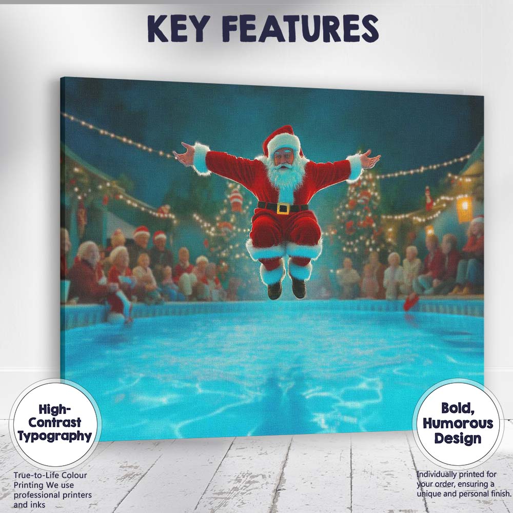 Funny Santa Pool Jump Christmas Party Humorous Illustration Canvas Wall Art Print Decor Picture Ready to Hang