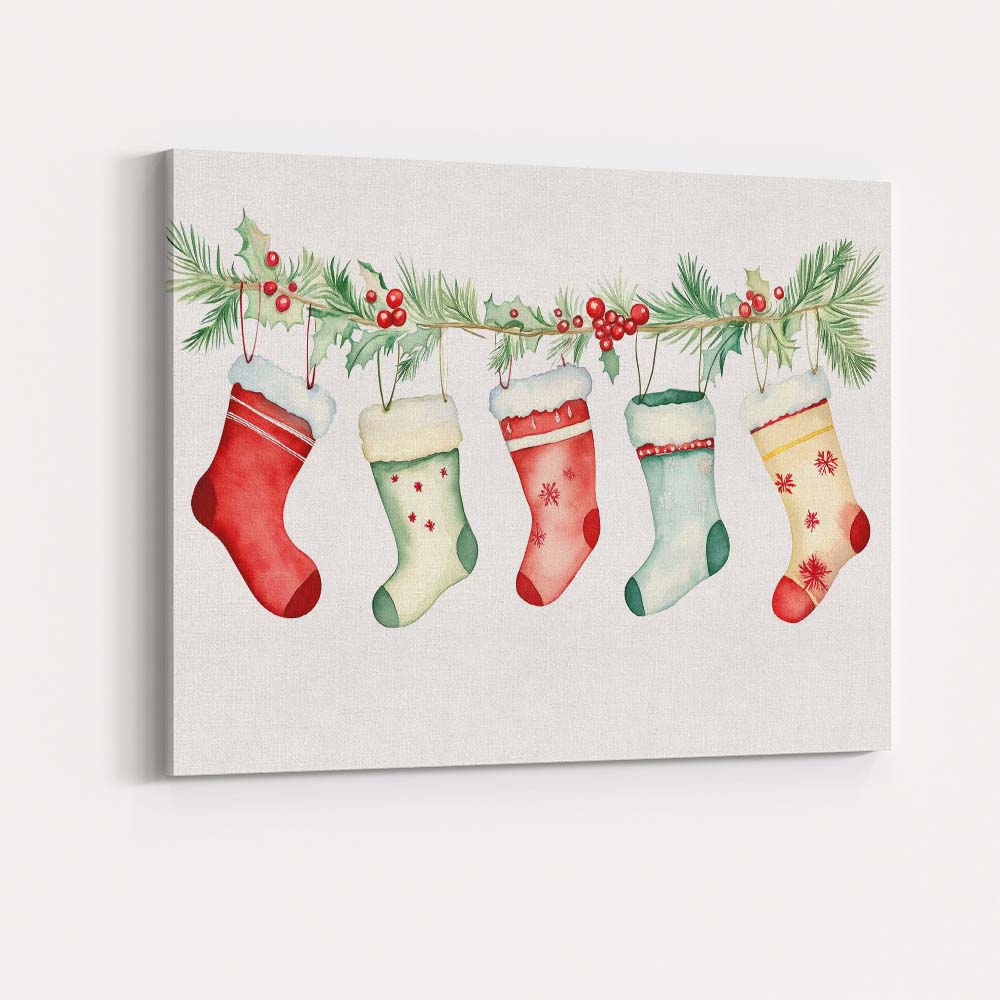 Watercolour Christmas Stockings Holly Garland Festive Illustration Canvas Wall Art Print Decor Picture Ready to Hang
