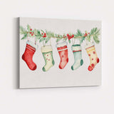 Watercolour Christmas Stockings Holly Garland Festive Illustration Canvas Wall Art Print Decor Picture Ready to Hang