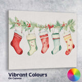 Watercolour Christmas Stockings Holly Garland Festive Illustration Canvas Wall Art Print Decor Picture Ready to Hang