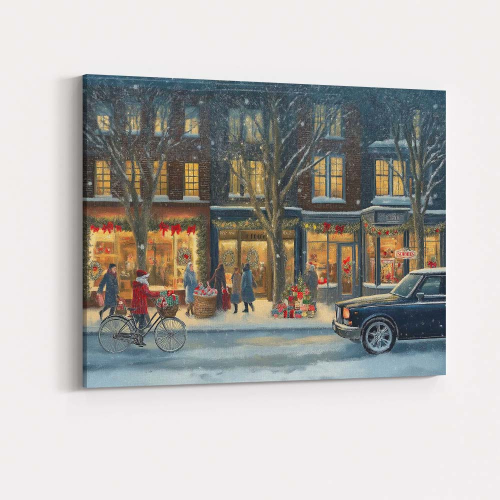 Cosy Snowy Christmas High Street Evening Winter Village Canvas Wall Art Print Decor Picture Ready to Hang