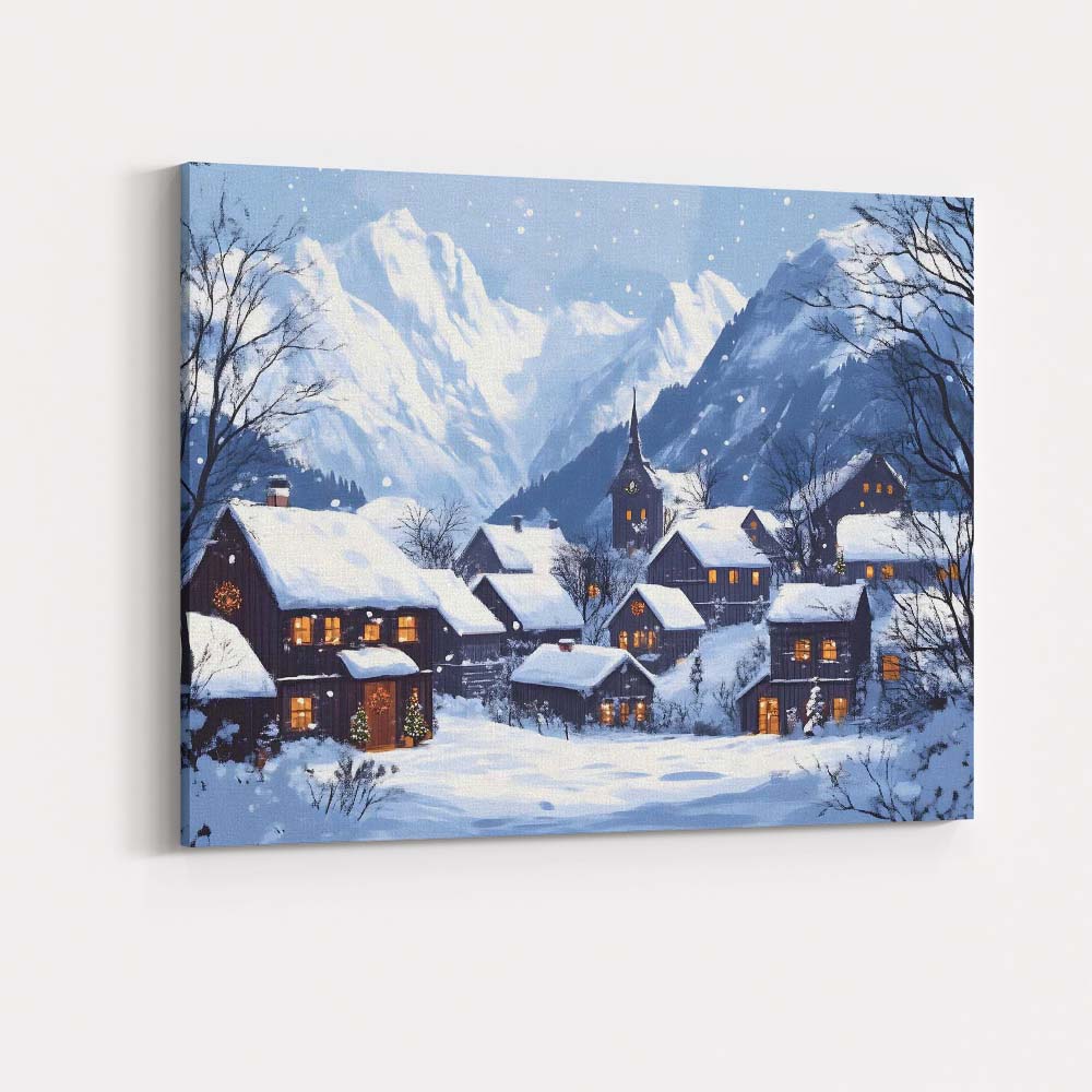 Snow Covered Alpine Village Mountain Winter Landscape Canvas Wall Art Print Decor Picture Ready to Hang