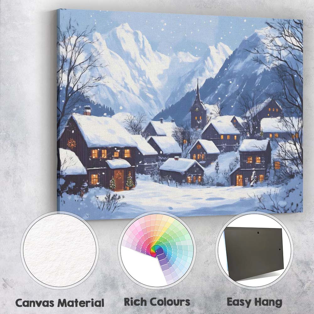 Snow Covered Alpine Village Mountain Winter Landscape Canvas Wall Art Print Decor Picture Ready to Hang